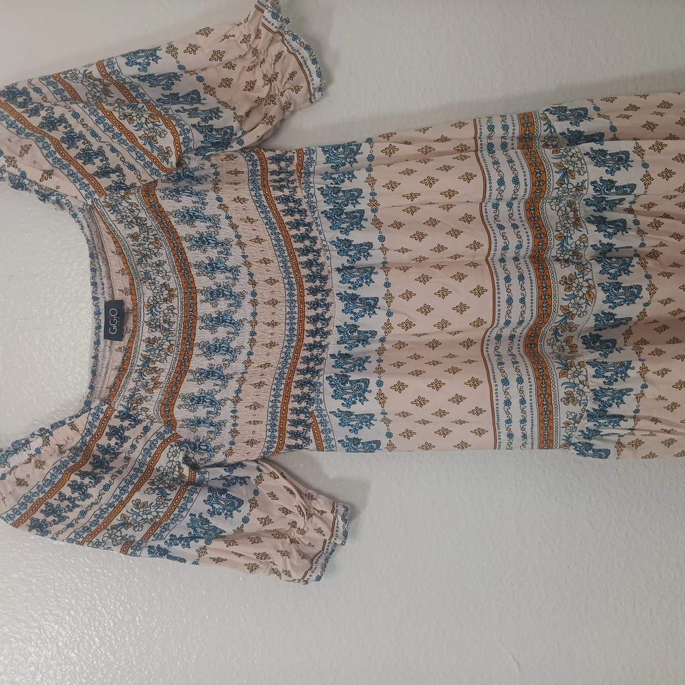 Bohemian Cream and Blue Dress with Geometric Patterns
